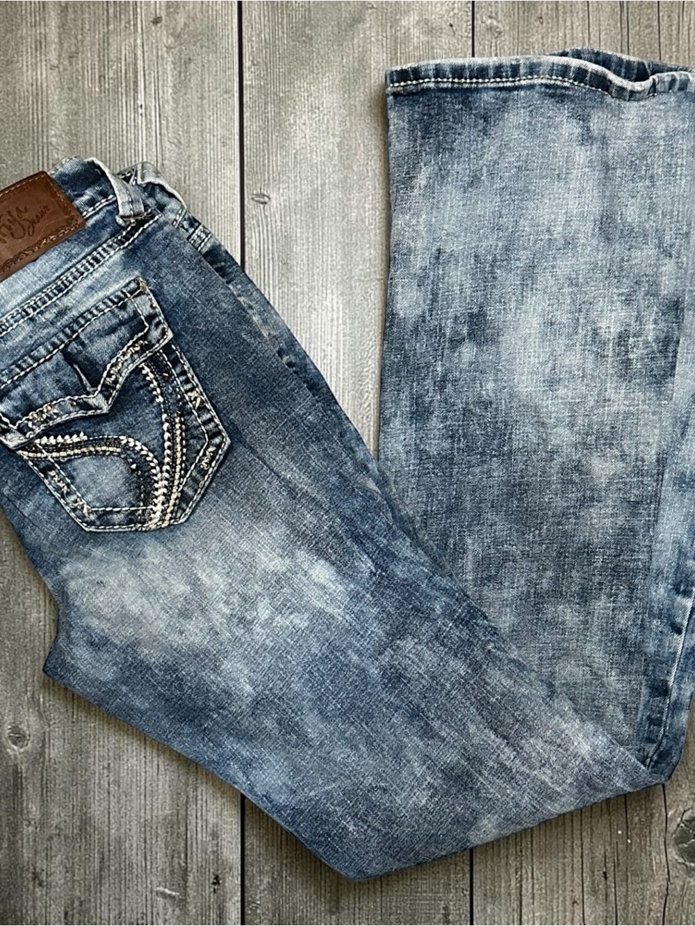 Ariya Jeans Womens 7/8 Low Rise Bootcut Thick Stitch Acid Wash Y2K Denim Flap